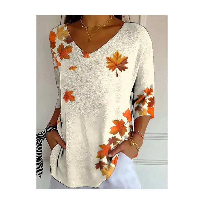 Women Maple Leaf Three Quarter Sleeve Tee T-shirt V Neck Printing Casual Spring/Fall Graphic Tee Top