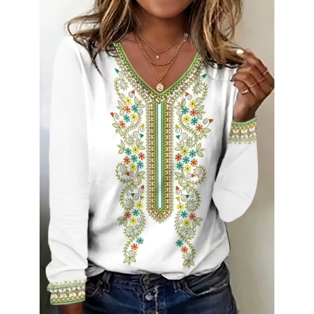 Women Floral Long Sleeve Tee T-shirt V Neck Printing Casual Spring/Fall Graphic Tee Top