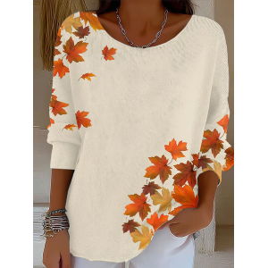 Women Maple Leaf Printing Spring/Fall Casual Long Sleeve Crew Neck Sweater