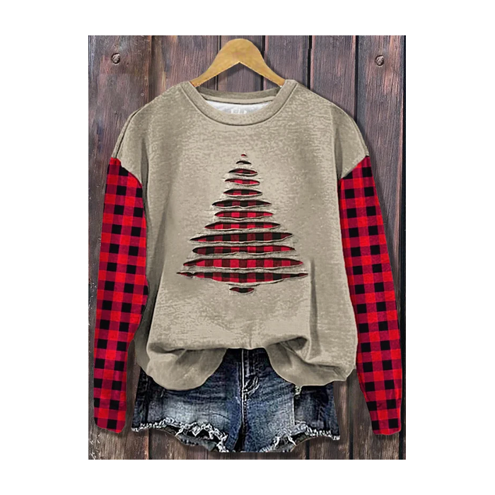 Women Plaid Crew Neck Printing Casual Spring/Fall Long Sleeve Sweatshirt