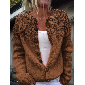 Women Floral Printing Long Sleeve Crew Neck Vintage Spring/Fall Cardigan Outerwear