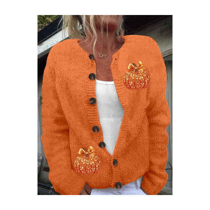 Women Halloween (pumpkin) Printing Long Sleeve Crew Neck Vintage Spring/Fall Cardigan Outerwear