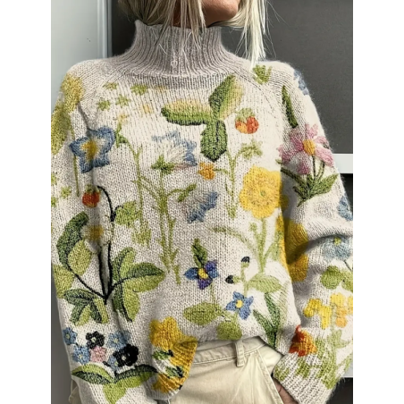 Women Floral Printing Spring/Fall Vintage Long Sleeve Turtleneck Sweater
