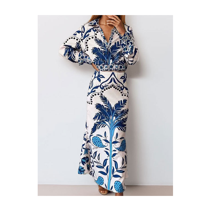 Women Geometric Printing Two-Piece Set Daily Long Sleeve Casual Spring/Fall Top With Skirt Matching Set