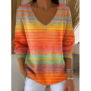 Women Ombre Spring/Fall Casual Long Sleeve V Neck Cotton Sweater