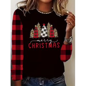 Women Plaid Long Sleeve Tee T-shirt Crew Neck Printing Casual Spring/Fall Graphic Tee Top
