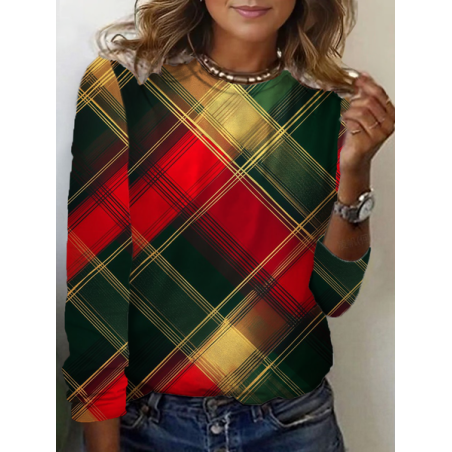 Women Plaid Long Sleeve Tee T-shirt Crew Neck Printing Casual Spring/Fall Graphic Tee Top