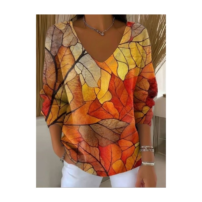 Women Painting Spring/Fall Casual Long Sleeve V Neck Cotton Sweater