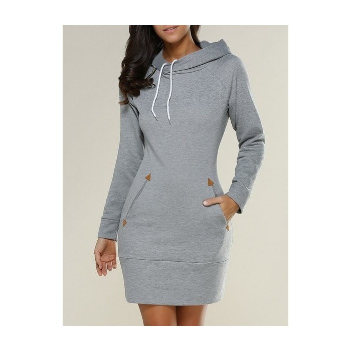 Women Plain Long Sleeve Spring/Fall Split Joint Dress Hoodie Daily Vintage Mini Tank A-Line Dress