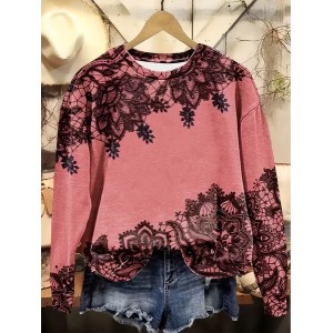 Women Floral Crew Neck Printing Casual Spring/Fall Long Sleeve Sweatshirt
