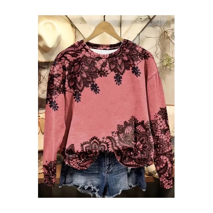 Women Floral Crew Neck Printing Casual Spring/Fall Long Sleeve Sweatshirt
