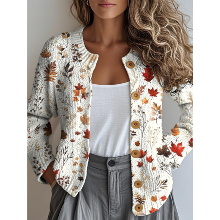 Women Maple Leaf Buttons Long Sleeve Crew Neck Vintage Spring/Fall Cardigan Outerwear