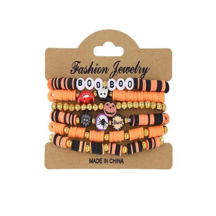 Halloween Series Polymer Clay Orange Pumpkin Skull Bat Fashion Personality Design Bracelet Set
