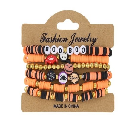 Halloween Series Polymer Clay Orange Pumpkin Skull Bat Fashion Personality Design Bracelet Set