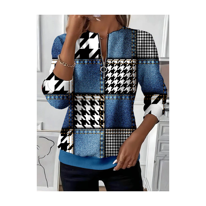 Women Houndstooth Crew Neck Printing Casual Spring/Fall Long Sleeve Sweatshirt