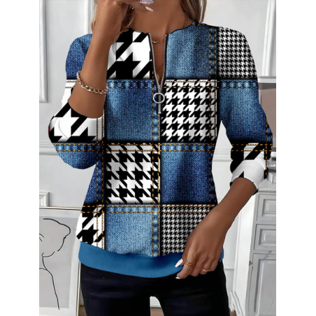 Women Houndstooth Crew Neck Printing Casual Spring/Fall Long Sleeve Sweatshirt
