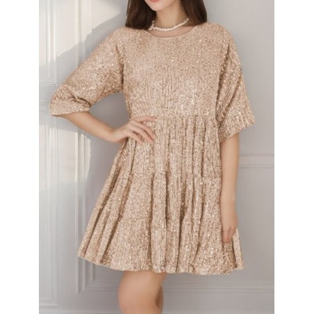 Women Plain Half Sleeve Summer Split Joint Dress Crew Neck Daily Vintage Mini Tank A-Line Dress