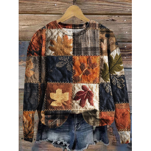 Women Maple Leaf Crew Neck Printing Casual Spring/Fall Long Sleeve Sweatshirt