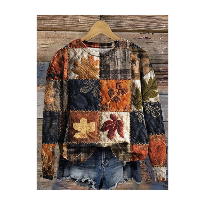 Women Maple Leaf Crew Neck Printing Casual Spring/Fall Long Sleeve Sweatshirt