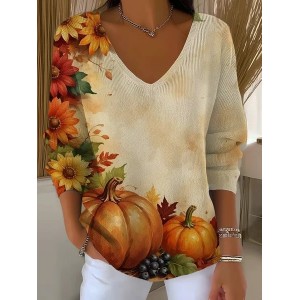 Women Sunflower Long Sleeve Tee T-shirt V Neck Printing Casual Spring/Fall Top
