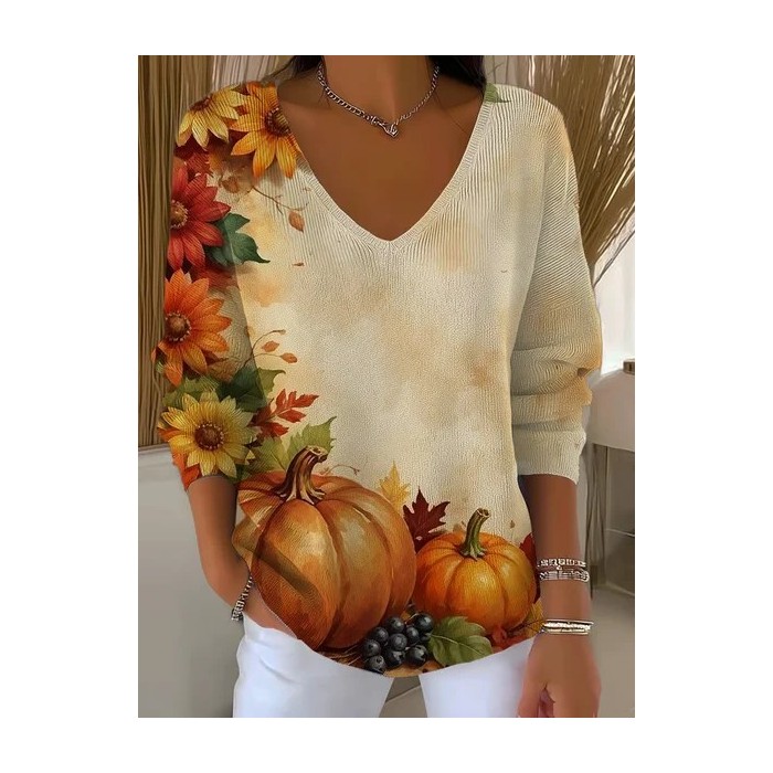 Women Sunflower Long Sleeve Tee T-shirt V Neck Printing Casual Spring/Fall Top