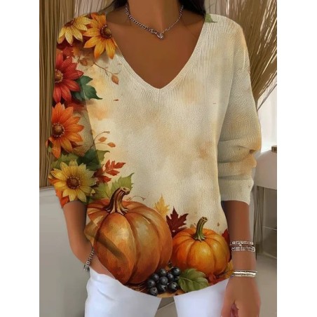 Women Sunflower Long Sleeve Tee T-shirt V Neck Printing Casual Spring/Fall Top