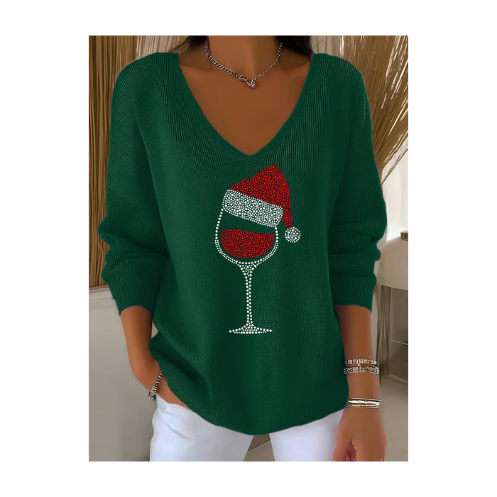Women Christmas Long Sleeve Tee T-shirt V Neck Printing Casual Spring/Fall Top