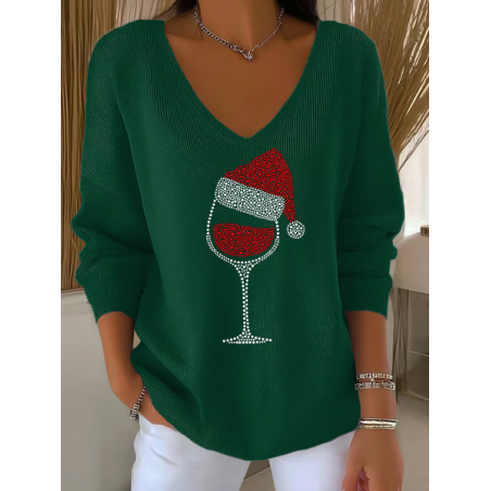 Women Christmas Long Sleeve Tee T-shirt V Neck Printing Casual Spring/Fall Top