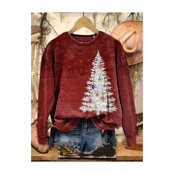 Women Christmas Tree Crew Neck Printing Casual Spring/Fall Long Sleeve Sweatshirt
