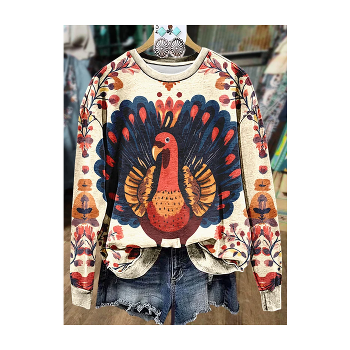 Women Turkey Crew Neck Printing Casual Spring/Fall Long Sleeve Sweatshirt