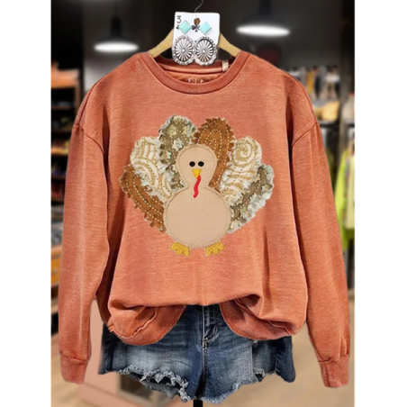 Women Turkey Crew Neck Printing Casual Spring/Fall Long Sleeve Sweatshirt