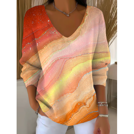 Women Abstract Long Sleeve Tee T-shirt V Neck Printing Casual Spring/Fall Top