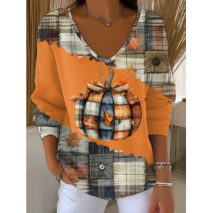Women Halloween (pumpkin) Long Sleeve Tee T-shirt V Neck Printing Casual Spring/Fall Top