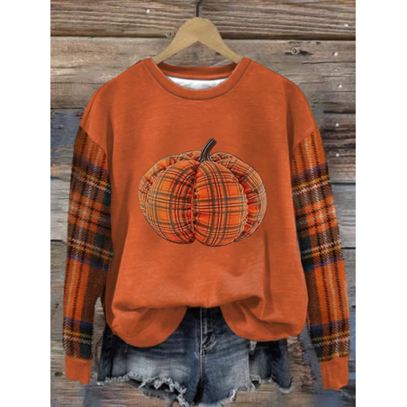 Women Plaid Crew Neck Printing Casual Spring/Fall Long Sleeve Sweatshirt