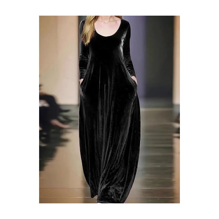 Women Plain Long Sleeve Spring/Fall Split Joint Dress Crew Neck Daily Vintage Maxi Velvet A-Line Dress