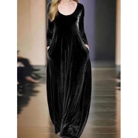Women Plain Long Sleeve Spring/Fall Split Joint Dress Crew Neck Daily Vintage Maxi Velvet A-Line Dress