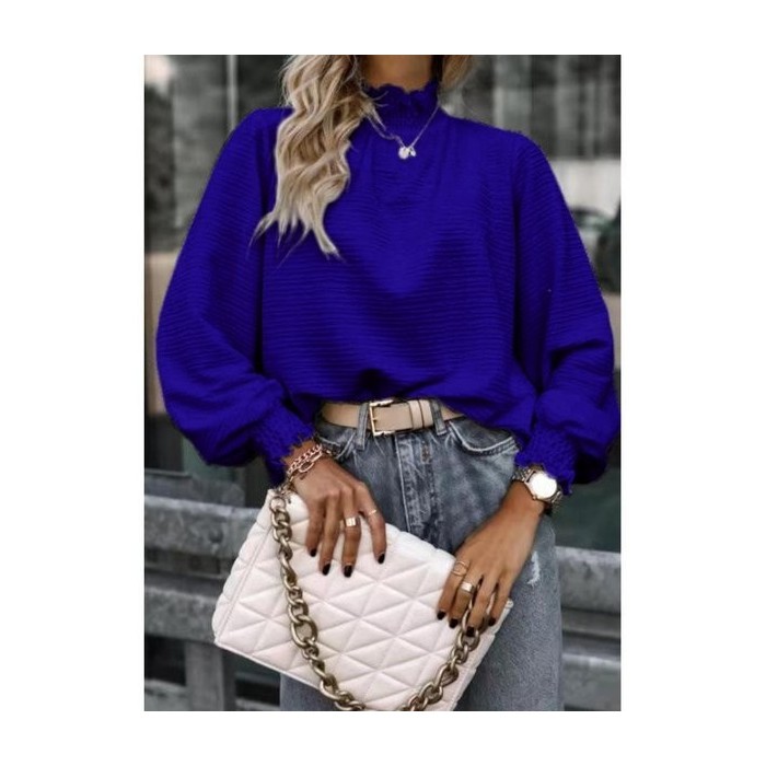 Women Geometric Long Sleeve Tee T-shirt Stand Collar Gathered Vintage Spring/Fall Top