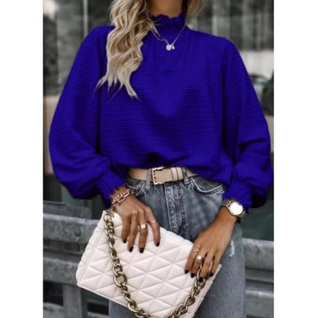 Women Geometric Long Sleeve Tee T-shirt Stand Collar Gathered Vintage Spring/Fall Top