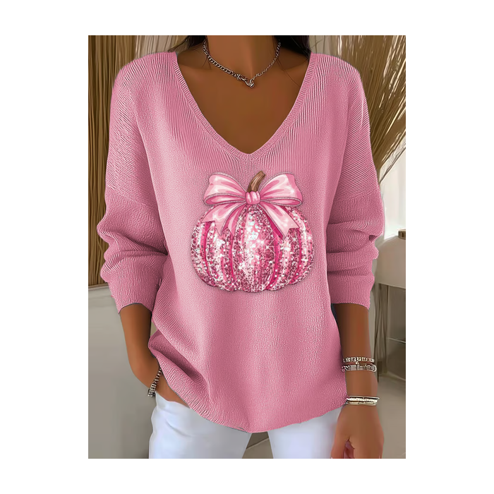 Women Halloween (pumpkin) Long Sleeve Tee T-shirt V Neck Printing Casual Spring/Fall Top
