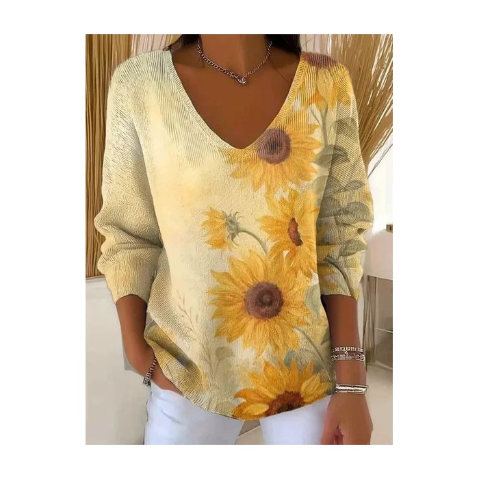 Women Floral Long Sleeve Tee T-shirt V Neck Printing Casual Spring/Fall Top