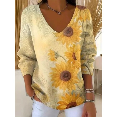 Women Floral Long Sleeve Tee T-shirt V Neck Printing Casual Spring/Fall Top