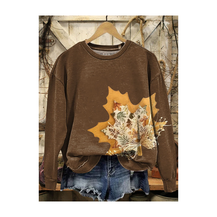 Women Maple Leaf Crew Neck Printing Casual Spring/Fall Long Sleeve Sweatshirt