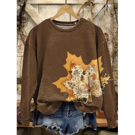 Women Maple Leaf Crew Neck Printing Casual Spring/Fall Long Sleeve Sweatshirt
