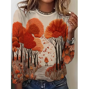 Women Tree Long Sleeve Tee T-shirt Crew Neck Printing Casual Spring/Fall Graphic Tee Top
