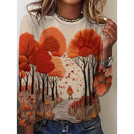 Women Tree Long Sleeve Tee T-shirt Crew Neck Printing Casual Spring/Fall Graphic Tee Top