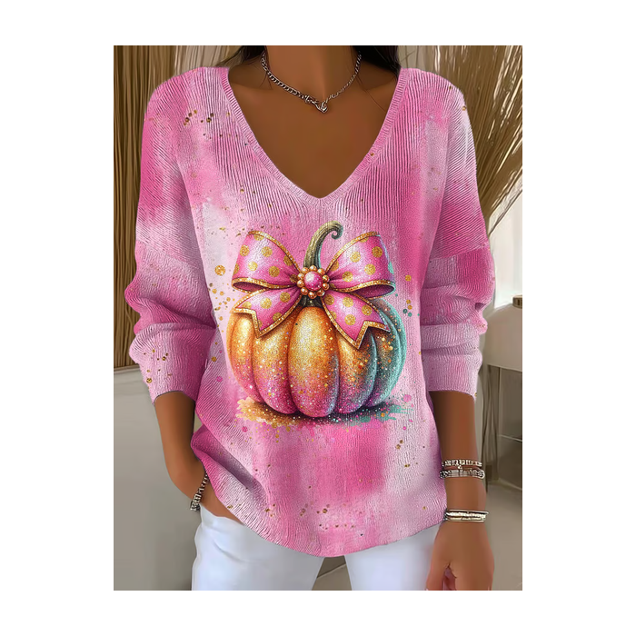 Women Halloween (pumpkin) Long Sleeve Tee T-shirt V Neck Printing Casual Spring/Fall Top
