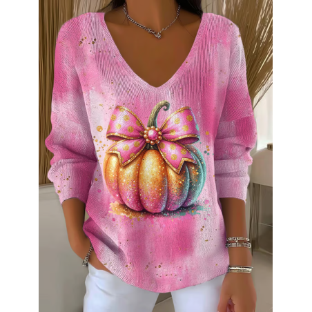 Women Halloween (pumpkin) Long Sleeve Tee T-shirt V Neck Printing Casual Spring/Fall Top