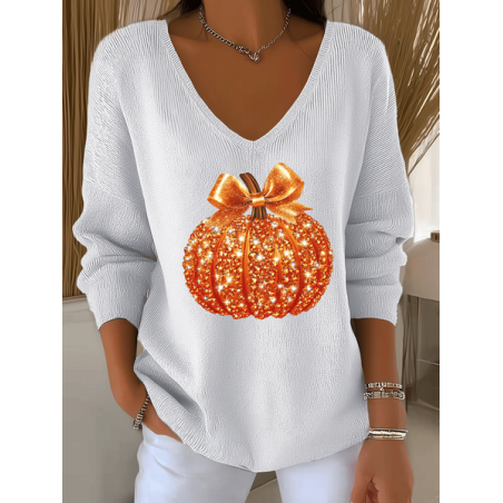 Women Halloween (pumpkin) Long Sleeve Tee T-shirt V Neck Printing Casual Spring/Fall Top