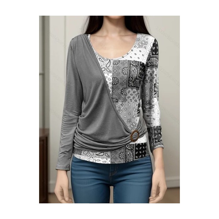 Women Geometric Long Sleeve Tee T-shirt Crew Neck Printing Vintage Spring/Fall Top