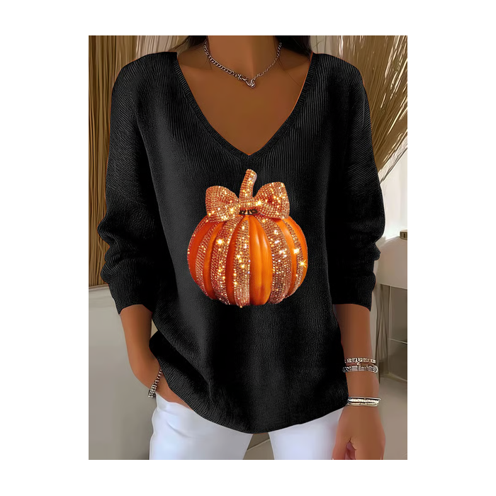 Women Halloween (pumpkin) Long Sleeve Tee T-shirt V Neck Printing Casual Spring/Fall Top